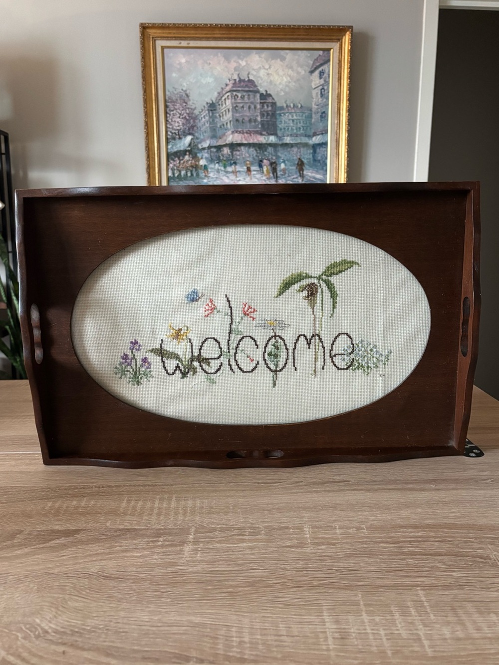 Handcrafted 'Welcome' Cross Stitch Serving Tray w/ Wood Frame - 19.5 x 12in